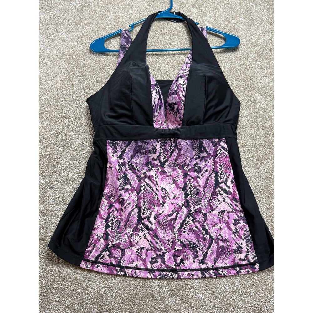 Livi Active Purple Snakeskin Underwire Tankini Top 38DDD Black Halter Swim Vacay - Picture 5 of 11
